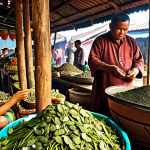 A vibrant market scene in Nusantara, with people trading herbs and amulets, showcasing the integration of traditional healing practices and mystical beliefs in everyday life.
