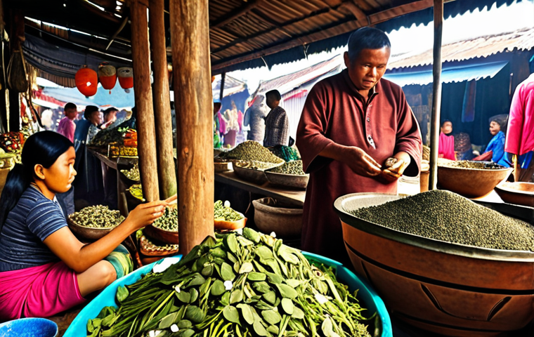 A vibrant market scene in Nusantara, with people trading herbs and amulets, showcasing the integration of traditional healing practices and mystical beliefs in everyday life.