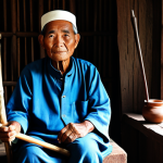 A dignified, elderly Malaysian traditional healer (bomoh) in modest, culturally appropriate attire, seated serenely inside a well-maintained traditional village house made of dark wood. The healer has a calm expression, holding a simple, unadorned wooden staff. The background shows subtle traditional carvings and natural light filtering through the window. The scene emphasizes wisdom and cultural preservation. Professional photography, high quality, realistic, fully clothed, appropriate attire, safe for work, correct proportions, natural pose, well-formed hands, proper finger count, family-friendly, appropriate content.