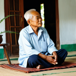 A compassionate elderly Malay male traditional healer (Pakcik) in a modest, clean baju Melayu, seated calmly on a traditional woven mat inside a sunlit, simple Malay village home. He is engaged in a quiet, respectful conversation with a subtly depicted, fully clothed individual (back partially to camera, blurred) seeking comfort. The room is filled with soft natural light, with subtle traditional decor like a small potted plant and wooden elements. The atmosphere is serene and wise, conveying holistic healing and human connection. safe for work, appropriate content, fully clothed, modest clothing, professional dress, professional photography, perfect anatomy, correct proportions, natural pose, well-formed hands, proper finger count, natural body proportions, high quality.