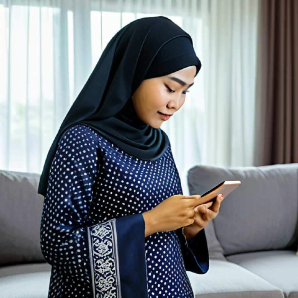 **

A Malay woman in a modest baju kurung, reading a tarot card on her smartphone in a brightly lit living room, fully clothed, appropriate attire, safe for work, perfect anatomy, natural proportions, family-friendly, high quality, professional photography.

**