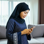 **

A Malay woman in a modest baju kurung, reading a tarot card on her smartphone in a brightly lit living room, fully clothed, appropriate attire, safe for work, perfect anatomy, natural proportions, family-friendly, high quality, professional photography.

**