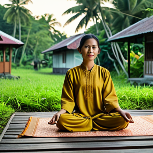 Home 6 무속 신당 방문 후기 - Tranquil Scene**
"A serene Malaysian village scene at dawn, a woman in a modest baju kurung meditat...