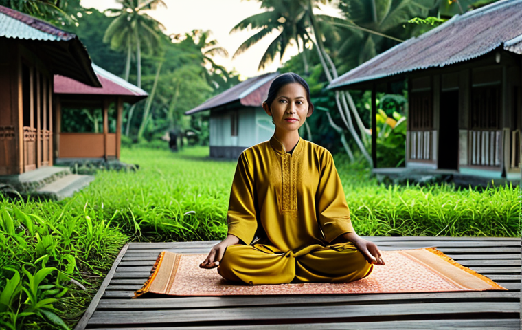 무속 신당 방문 후기 - Tranquil Scene**

"A serene Malaysian village scene at dawn, a woman in a modest baju kurung meditat...