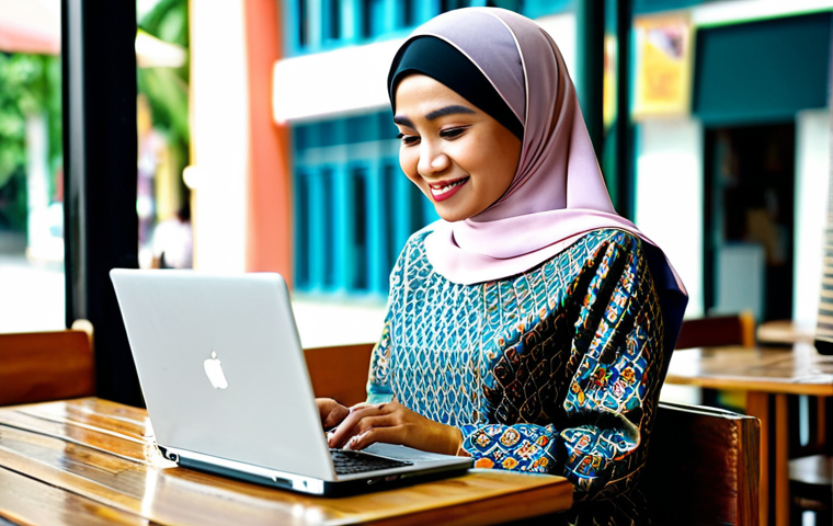 삼재풀이란 무엇인가 - **

"A professional Malay businesswoman in a modest baju kurung, working on a laptop at a cafe in Ku...