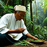 무속을 공부하는 교재 - **A Malaysian bomoh (traditional healer) in a lush rainforest, fully clothed in traditional attire, ...