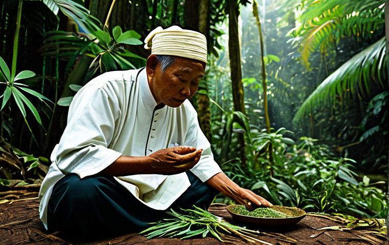 무속을 공부하는 교재 - **A Malaysian bomoh (traditional healer) in a lush rainforest, fully clothed in traditional attire, ...