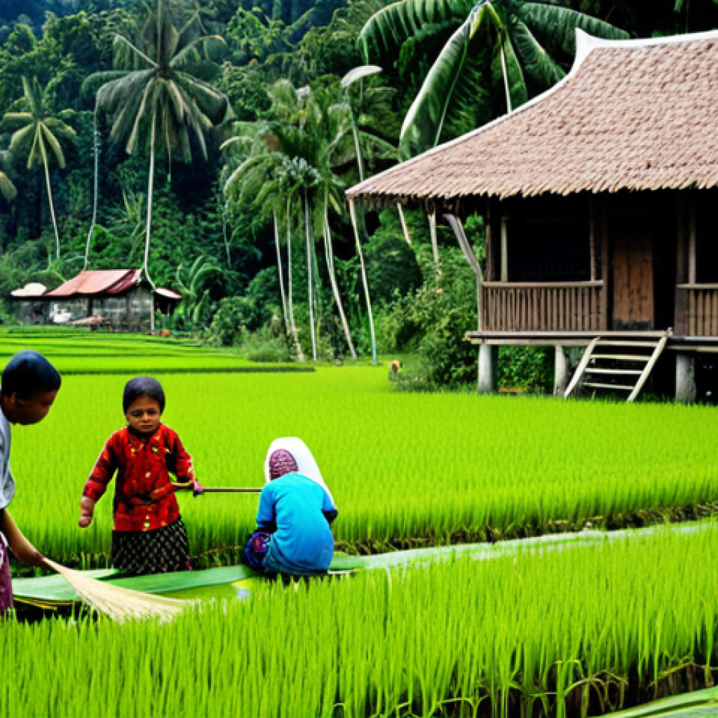 무속과 생태학의 접점 - **
A serene scene of a traditional Malay village (kampung) nestled amongst lush rainforest. Village...