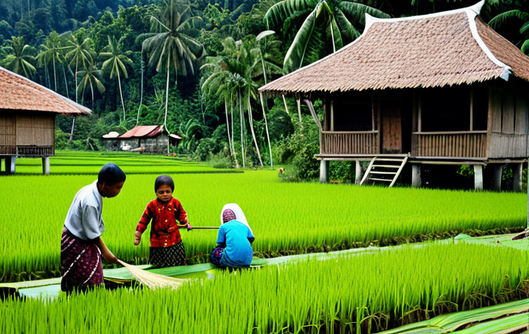 무속과 생태학의 접점 - **
A serene scene of a traditional Malay village (kampung) nestled amongst lush rainforest. Village...