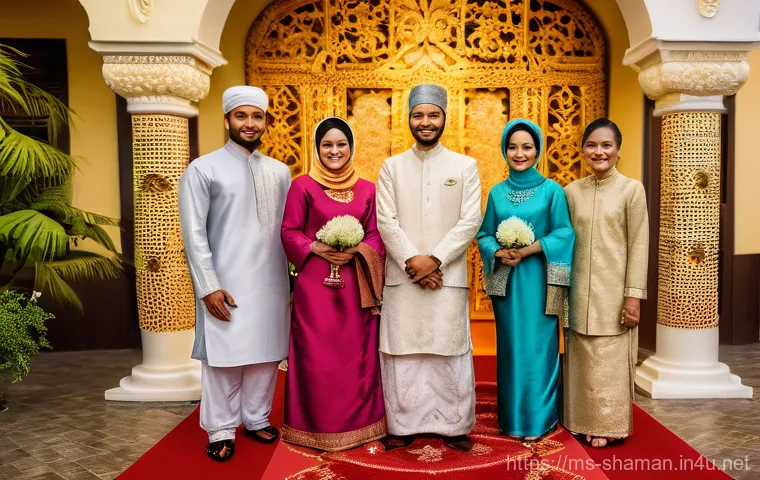 굿 의식 참여 시 주의사항 - "A warm and respectful scene depicting guests arriving at a traditional Malay wedding in Malaysia. W...