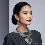 무속 신앙과 디자인 - **Prompt:** A graceful, contemporary Malaysian woman stands confidently in a minimalist art gallery....