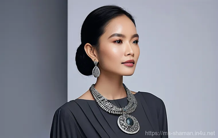 무속 신앙과 디자인 - **Prompt:** A graceful, contemporary Malaysian woman stands confidently in a minimalist art gallery....