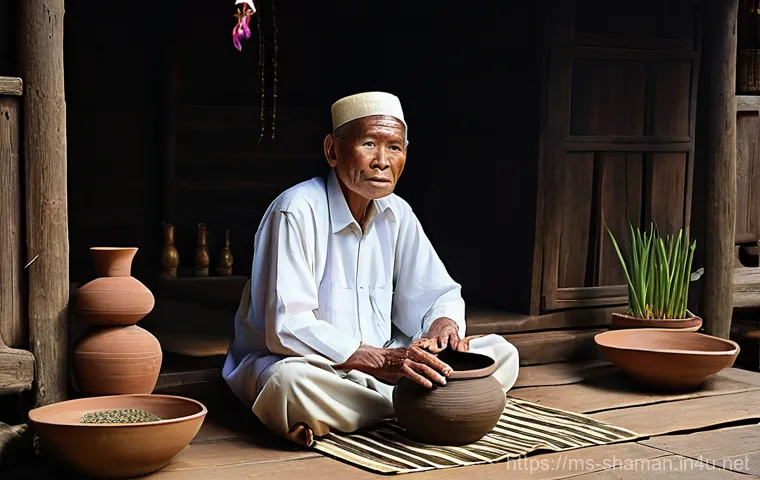 무속을 소재로 한 영화 - **Prompt:** A wise, elderly bomoh (traditional healer) from a Nusantara village, with a deeply lined...
